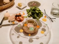 My final dinner at L&#39;Estaminet in Grand Case before coming home the next day. This is the appetizer special, octopus and snail (on the left) with lobster ravioli bouillabase style (in the bowl). It was actually quite tasty, especially the snail!